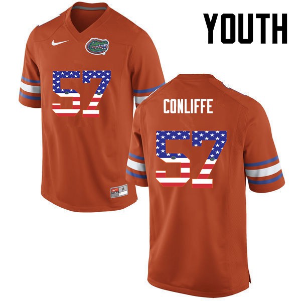 Florida Gators Youth #57 Elijah Conliffe College Football USA Flag Fashion Orange